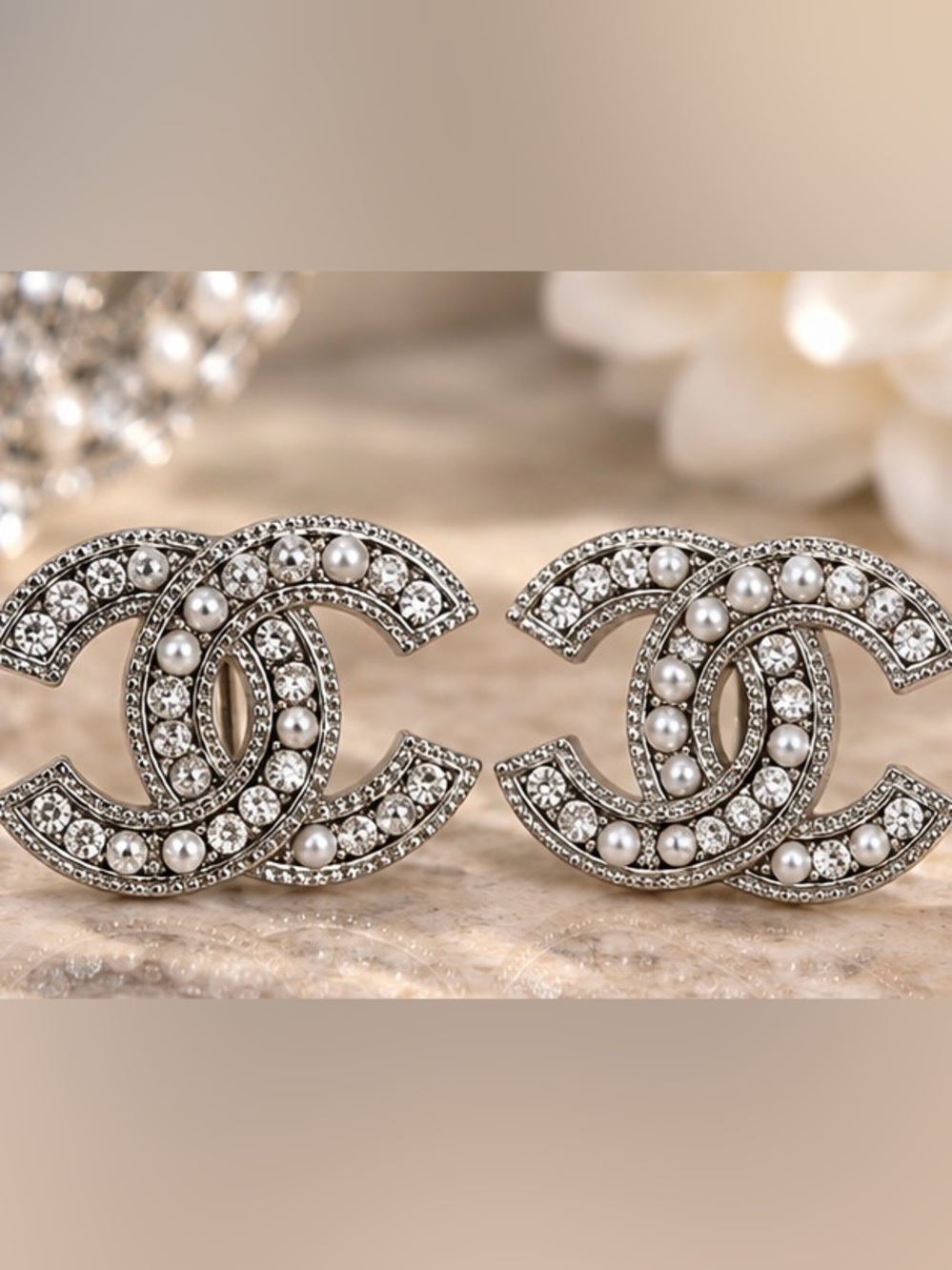 Silver Tone Pearl Rhinestone Statement Stud Earrings Elegant Vintage Style